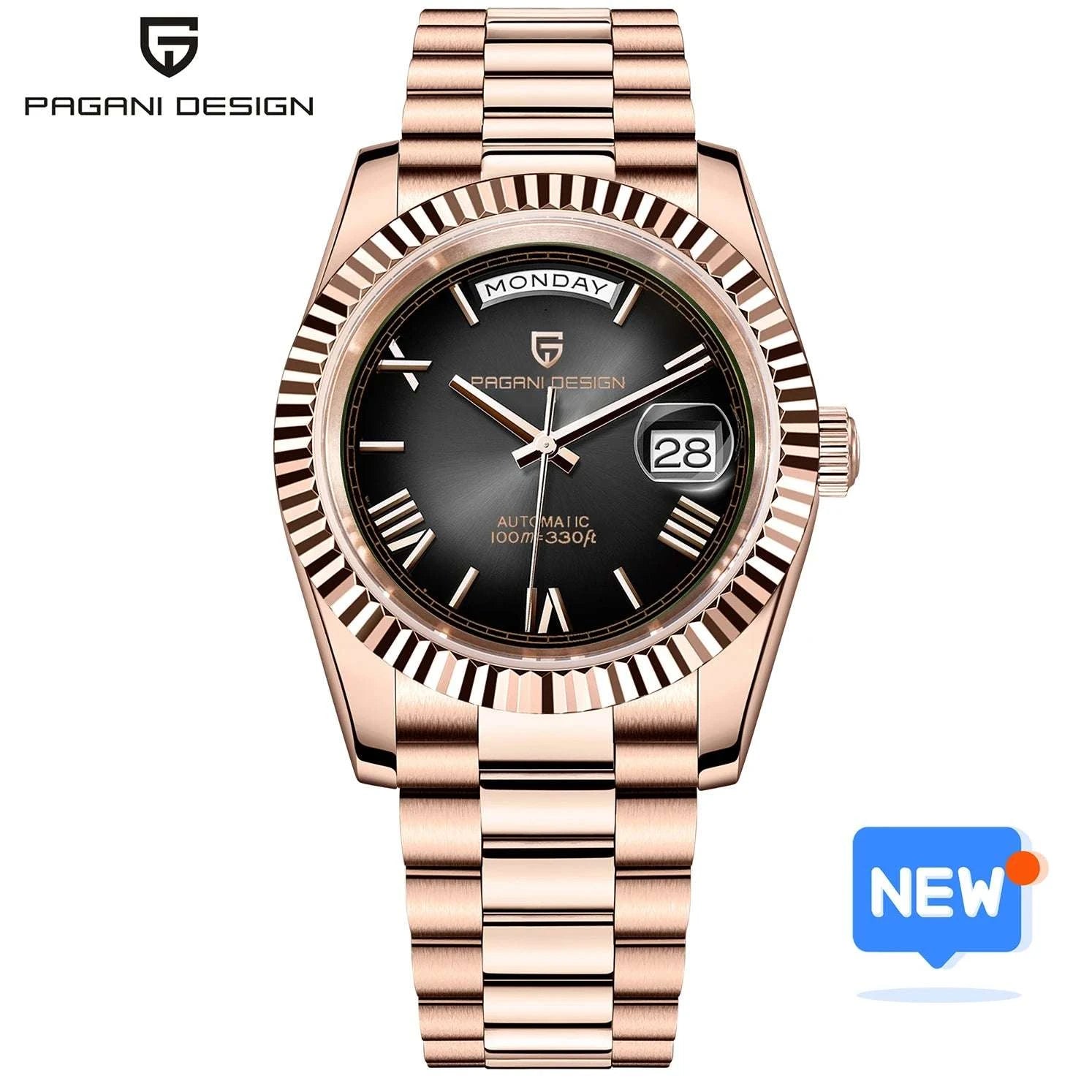 Pagani Design 36mm Automatic Watch Sapphire Steel 10Bar-Rose Gold Black / United States