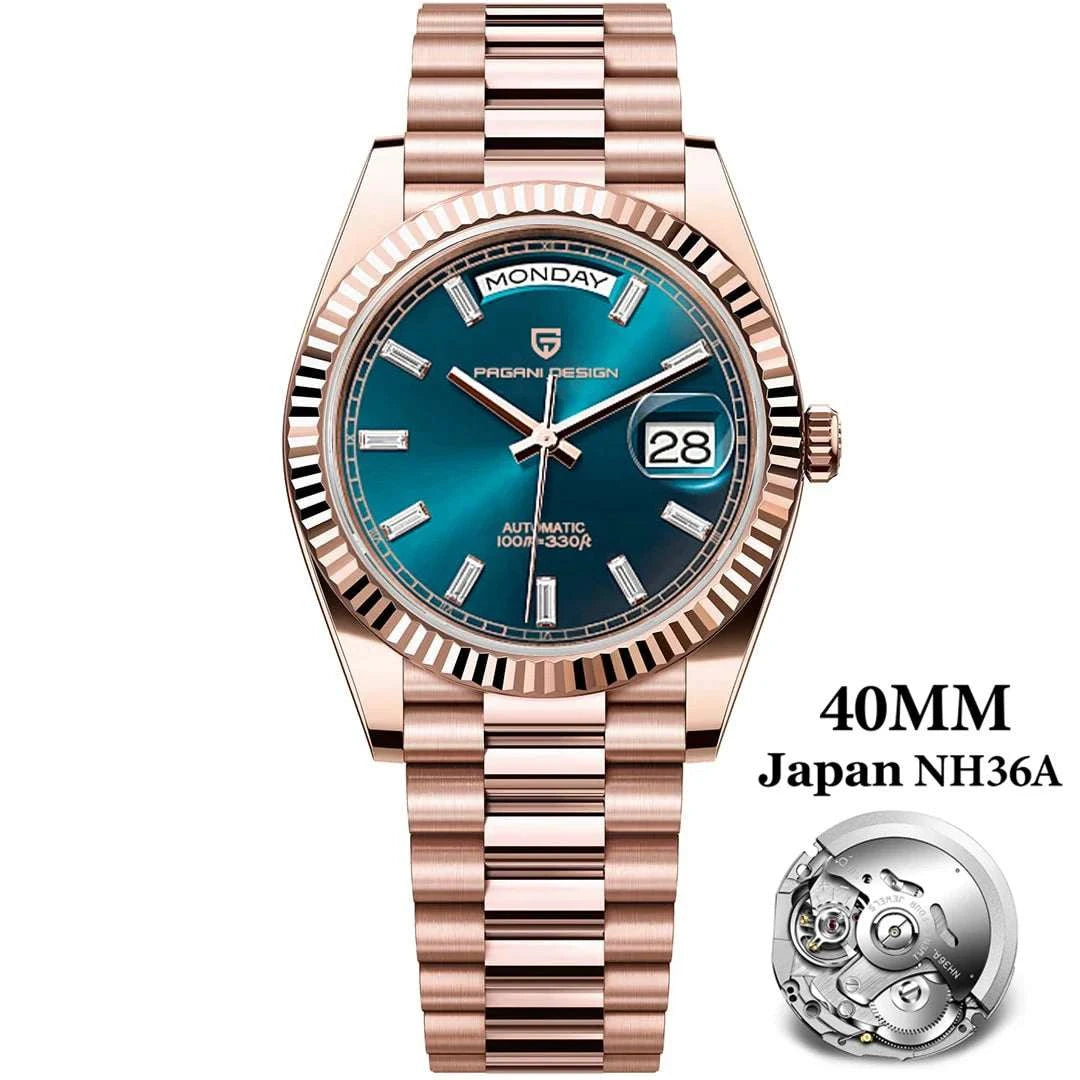 Pagani Design Automatic Gold Watch 40MM Sapphire Steel Waterproof-Rose Gold Green / Italy