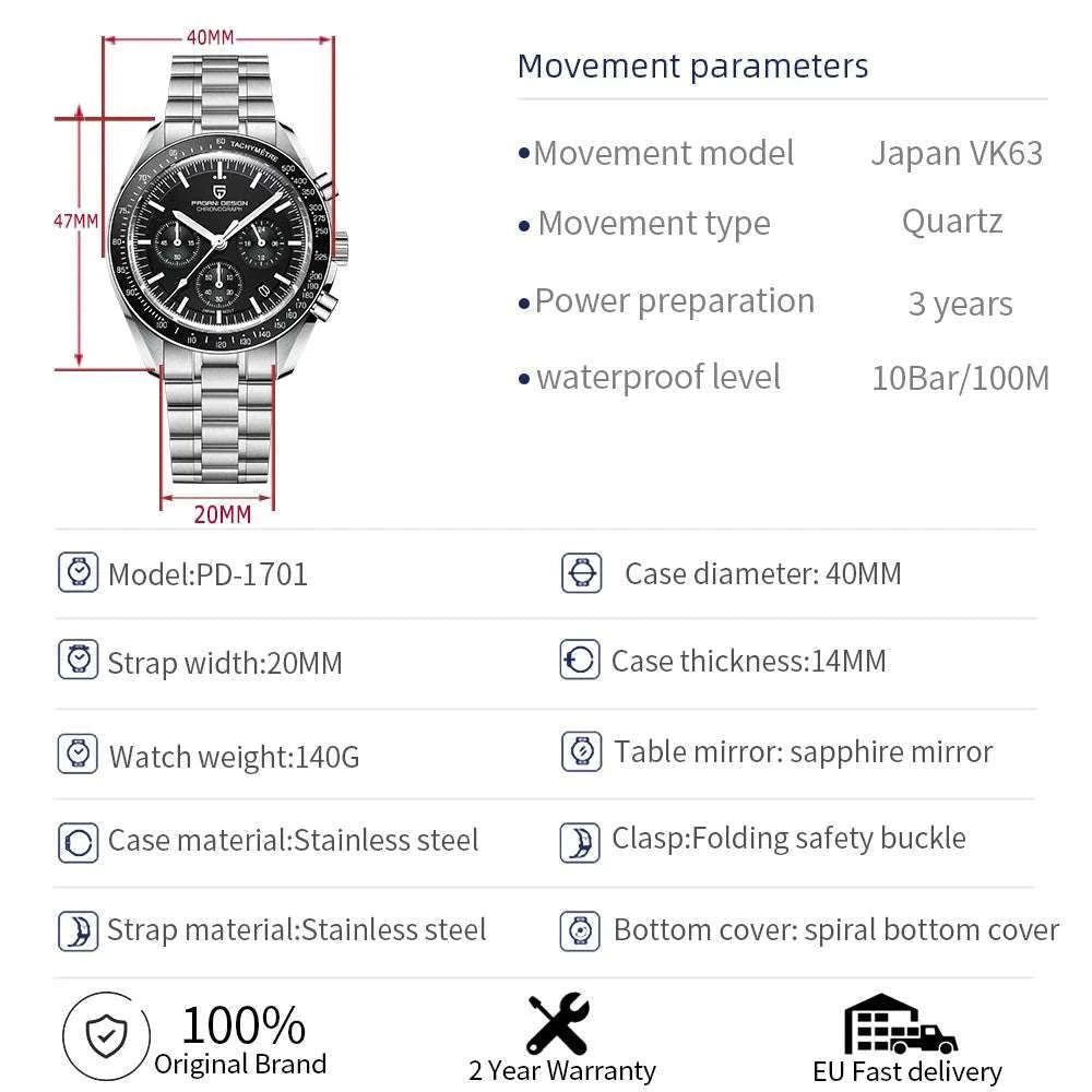 Pagani Design Chronograph Quartz Watch Men's Sapphire Steel 100M-Black Panda / United States