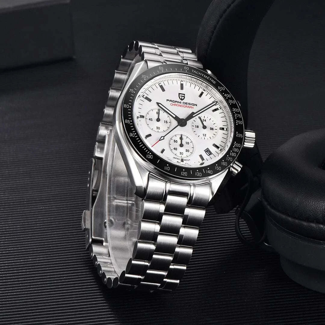 Pagani Design Chronograph Quartz Watch Men's Sapphire Steel 100M-Black Panda / United States