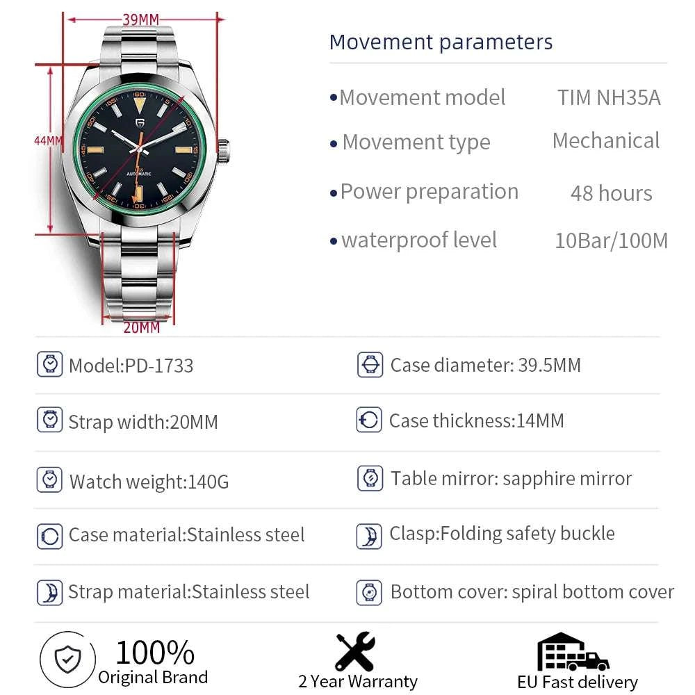 Pagani Design Green Sapphire Automatic Watch Stainless Steel 100M-Blue / TMI NH35A / spain