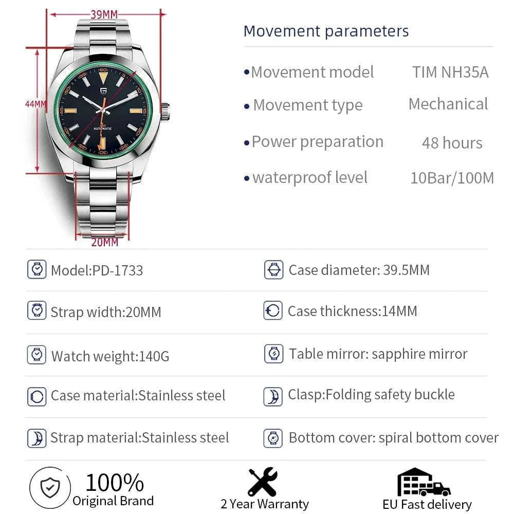 Pagani Design Green Sapphire Automatic Watch Stainless Steel 100M-Blue / TMI NH35A / spain
