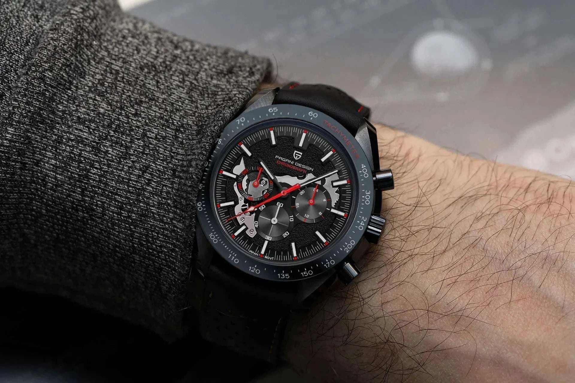 Pagani Design Moon Dark Chronograph Watch AR Sapphire 100M-Red / france