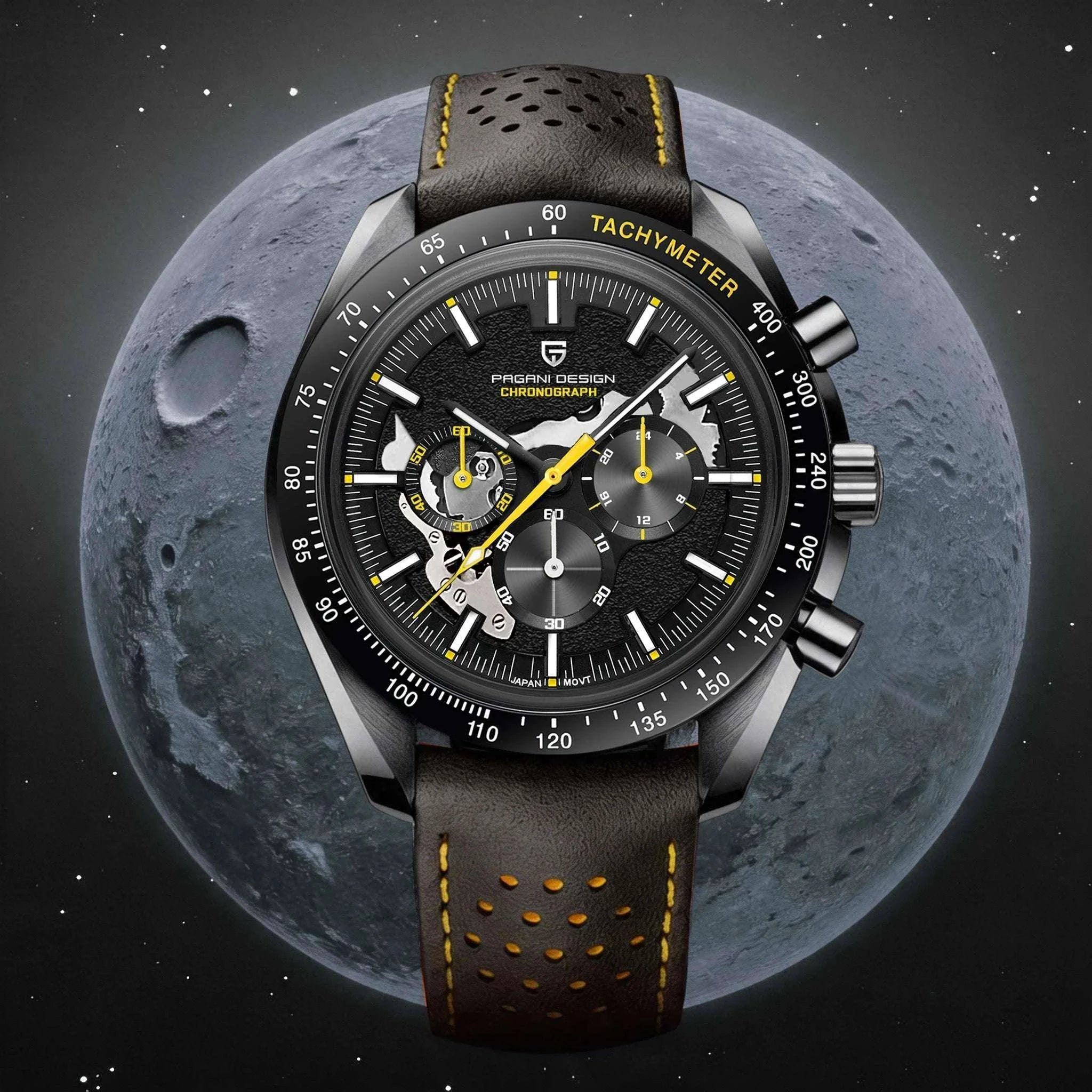 Pagani Design Moon Dark Chronograph Watch AR Sapphire 100M-Red / france