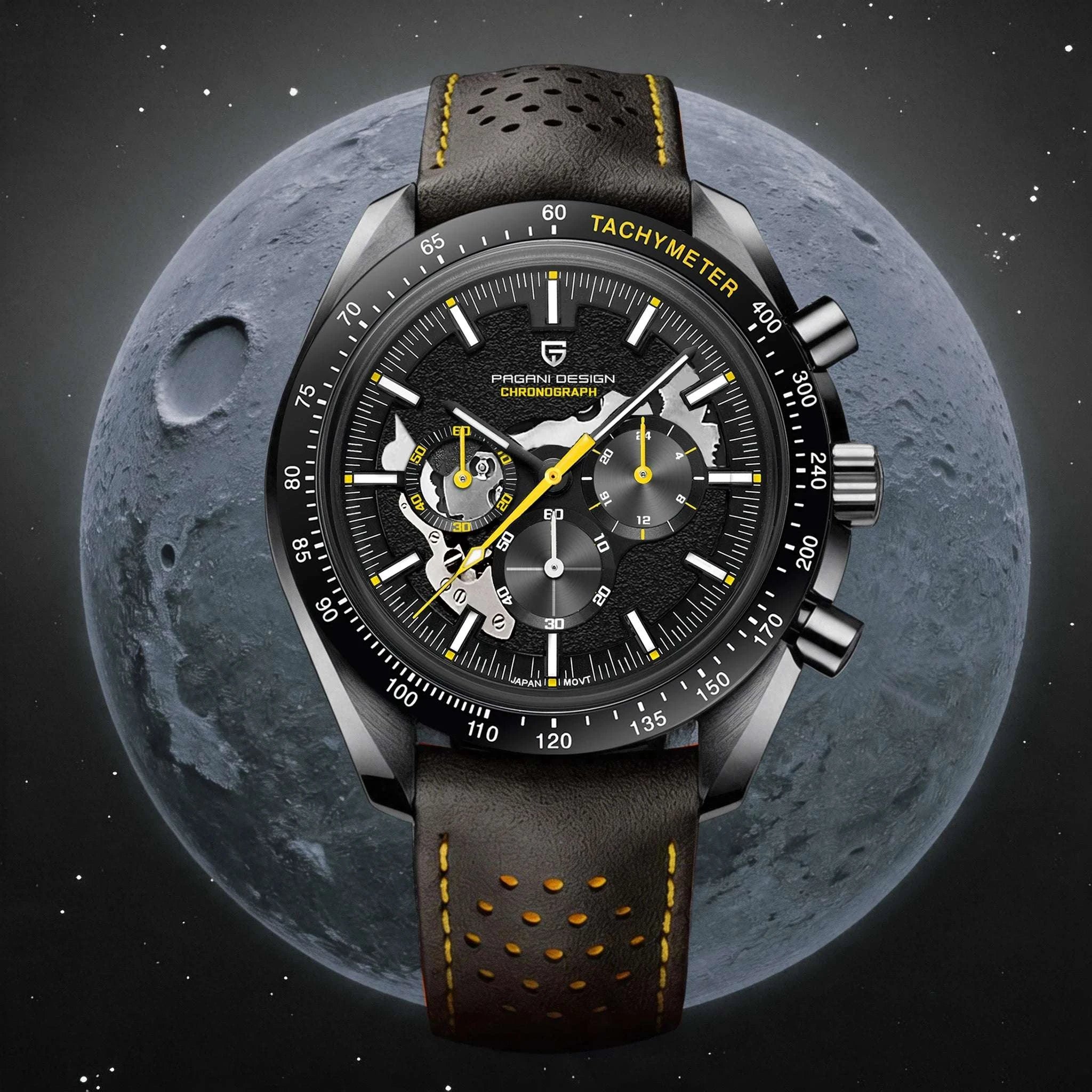 Pagani Design Moon Dark Chronograph Watch AR Sapphire 100M-Red / france