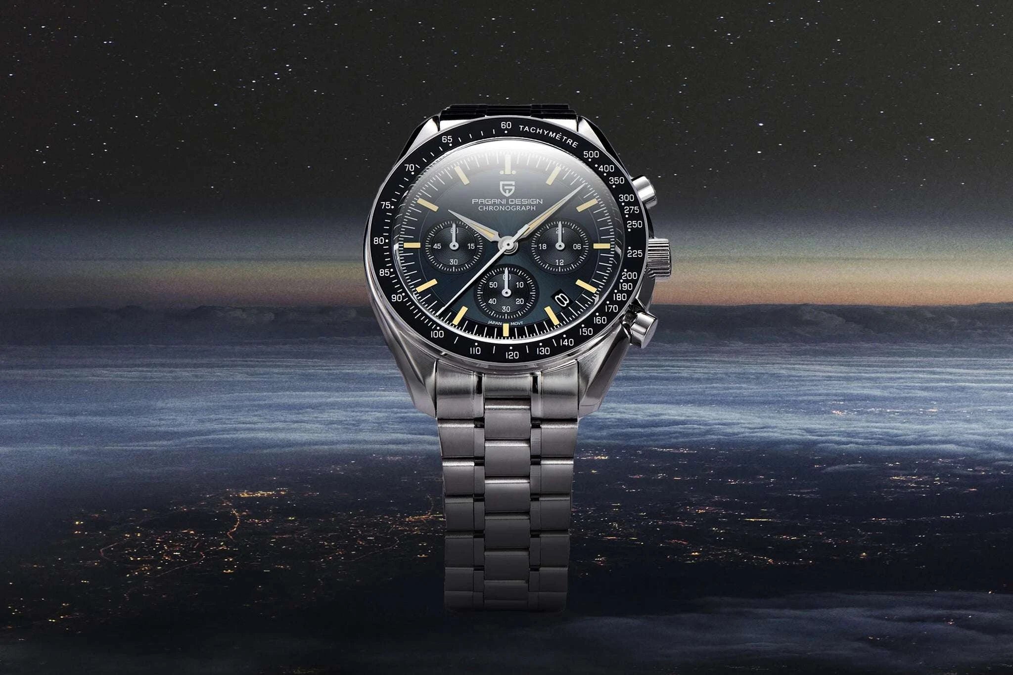Pagani Design Moonwatch Chronograph Quartz Men's Steel Watch-Classic Black / United States