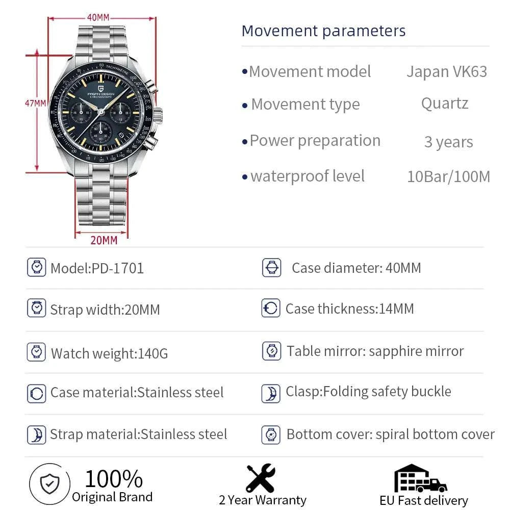Pagani Design Moonwatch Chronograph Quartz Men's Steel Watch-Classic Black / United States