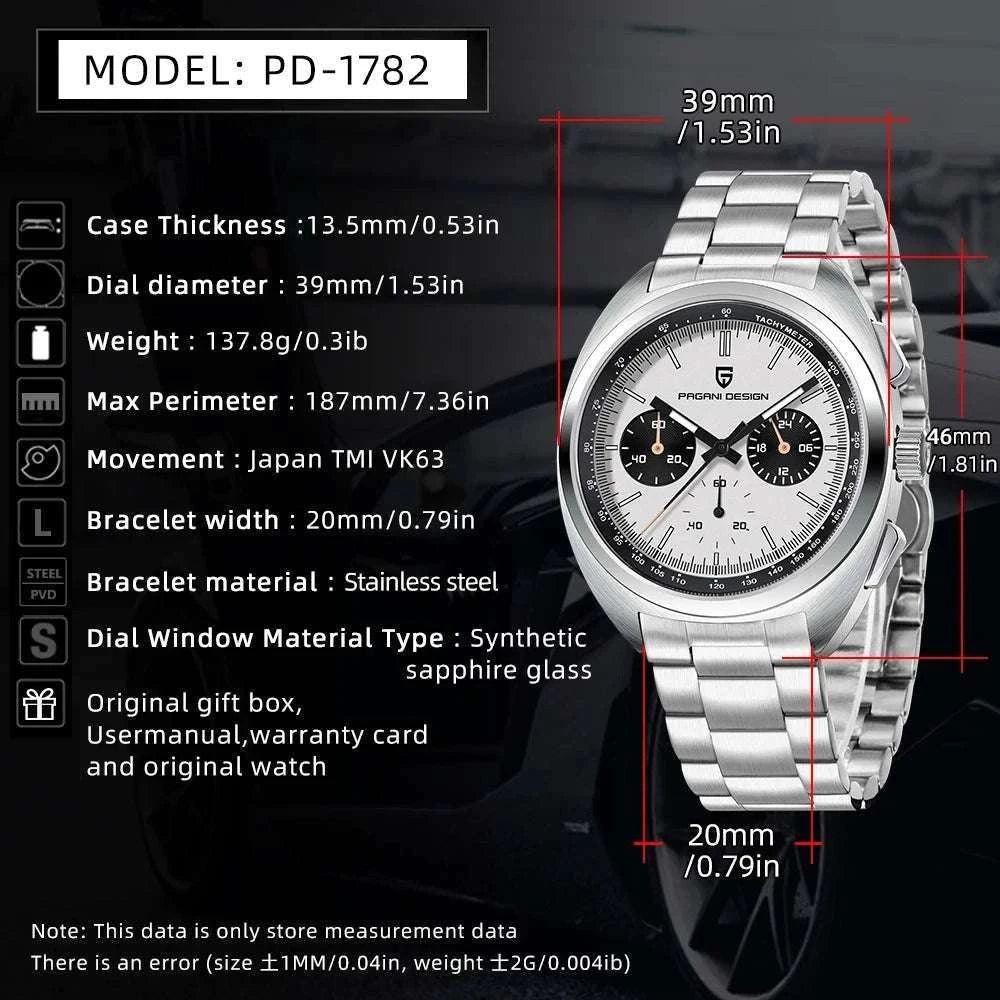 Pagani Design Panda Dial Chronograph Watch Sapphire Steel 10Bar-White / United States