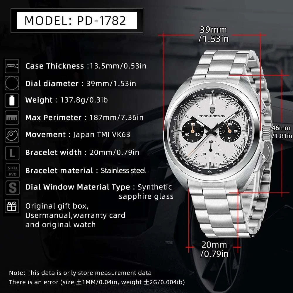 Pagani Design Panda Dial Chronograph Watch Sapphire Steel 10Bar-White / United States