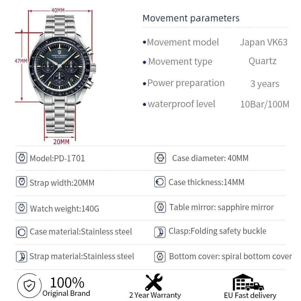 Pagani Design PD1701 Moonwatch Chronograph Sapphire Steel Watch-Blue N / United States