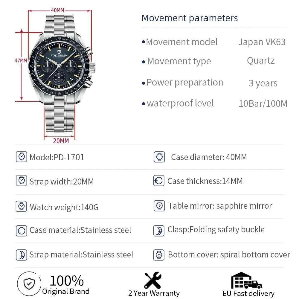 Pagani Design PD1701 Moonwatch Chronograph Steel Quartz Watch-Ice Blue / spain