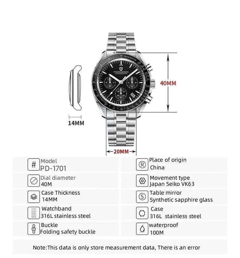 Pagani Design PD1701 Moonwatch Chronograph Steel Quartz Watch-Ice Blue / spain