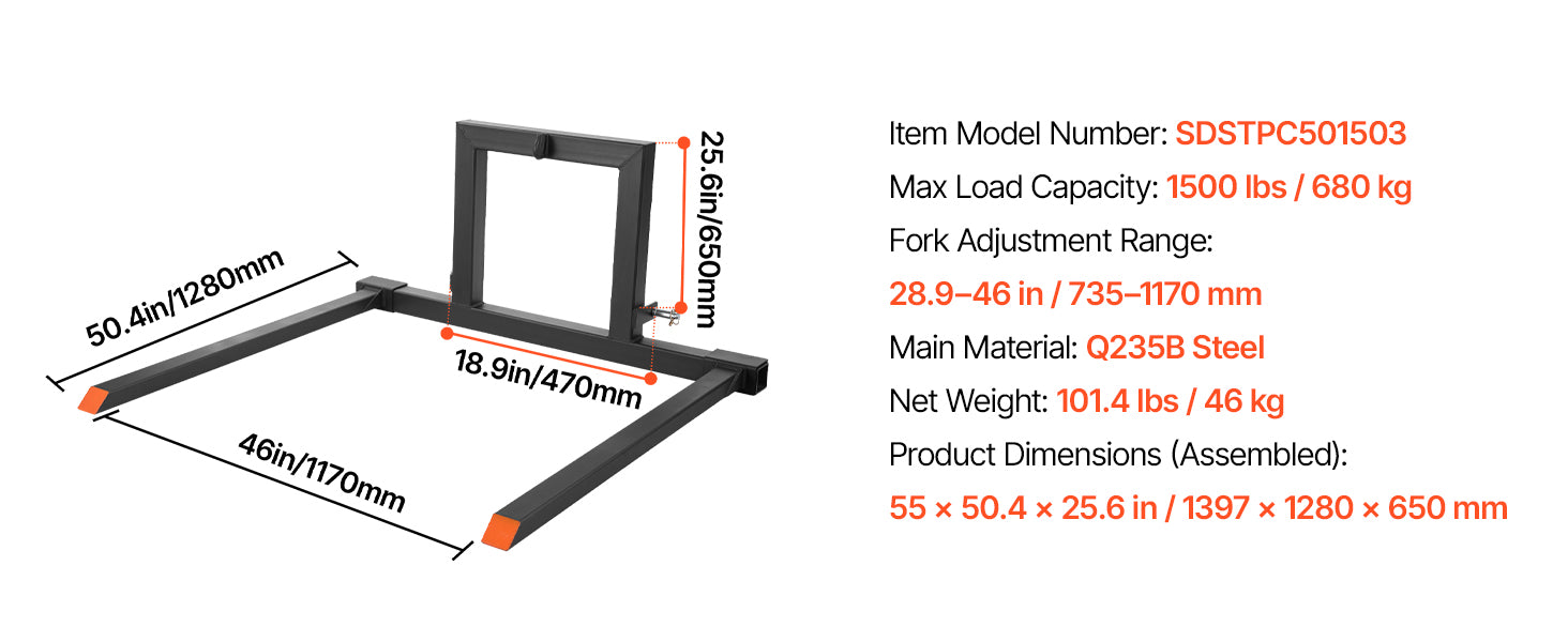 1500 lb 3-Point Hitch Pallet Forks 50in for CAT 1 Tractors