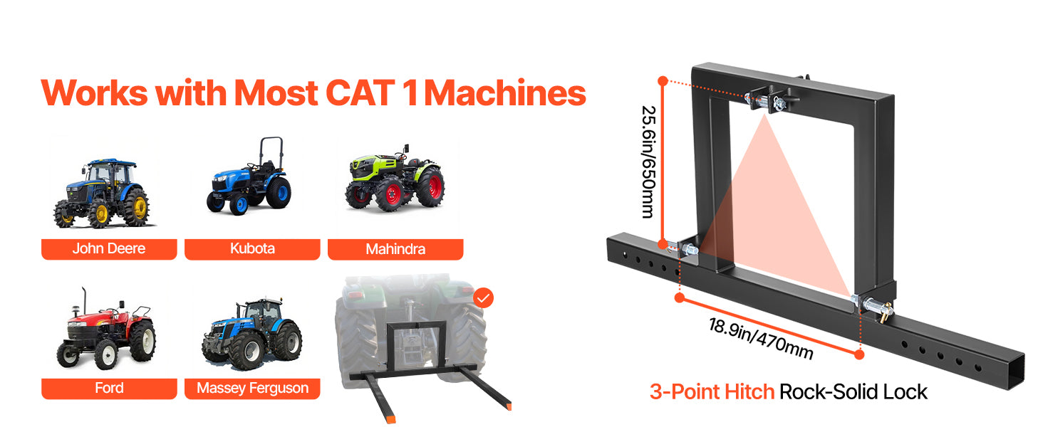 1500 lb 3-Point Hitch Pallet Forks 50in for CAT 1 Tractors