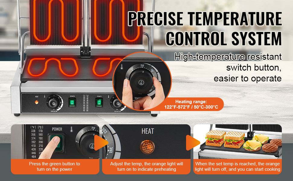 Commercial 3600W Panini Grill with Temp Control and 19x9 Surface