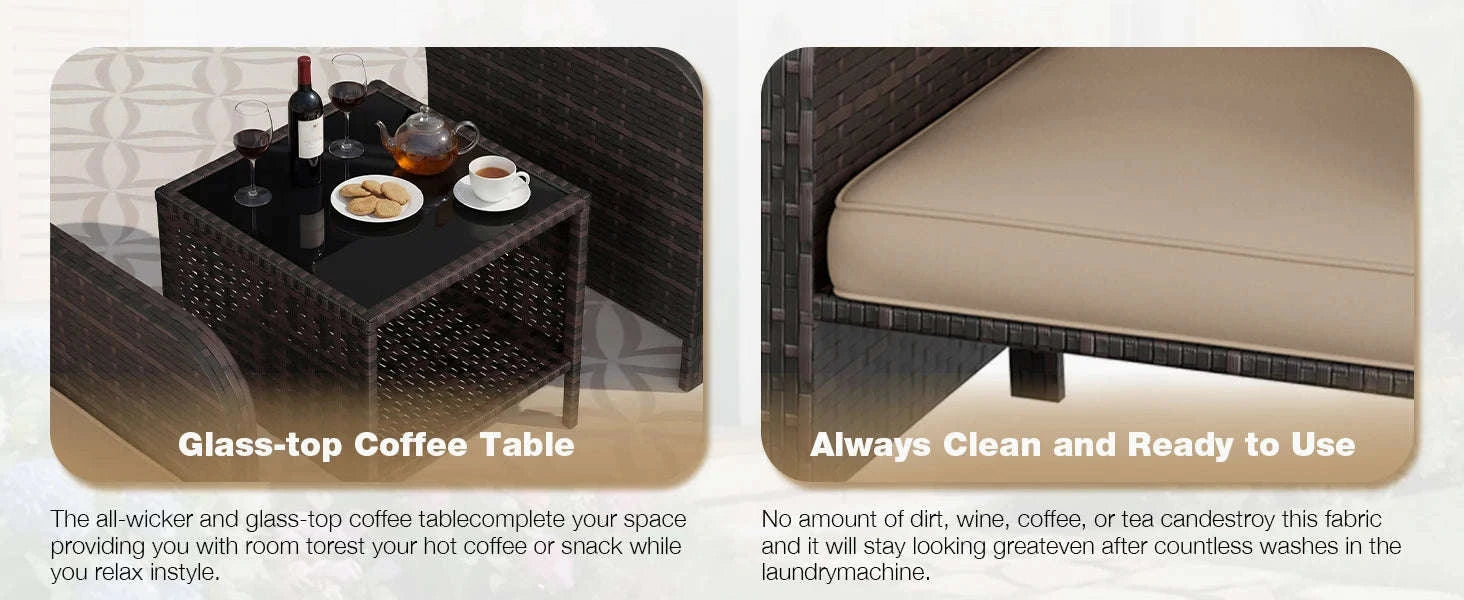 Patio 5 Piece Conversation Furniture Set with Ottomans and Glass Side Table-United States / Khaki