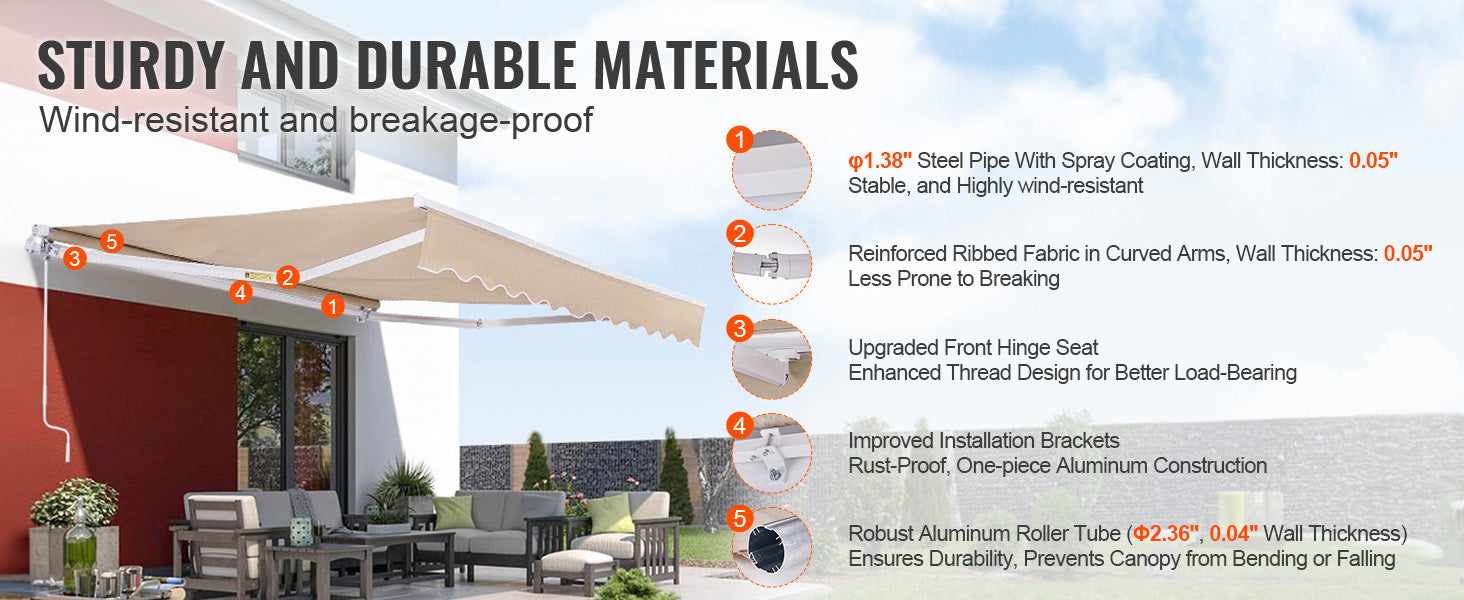 SucceBuy Manual Retractable Awning Outdoor Awning Retractable Sun Shade Water-Resistant Polyester Patio Door Window for Backyard
