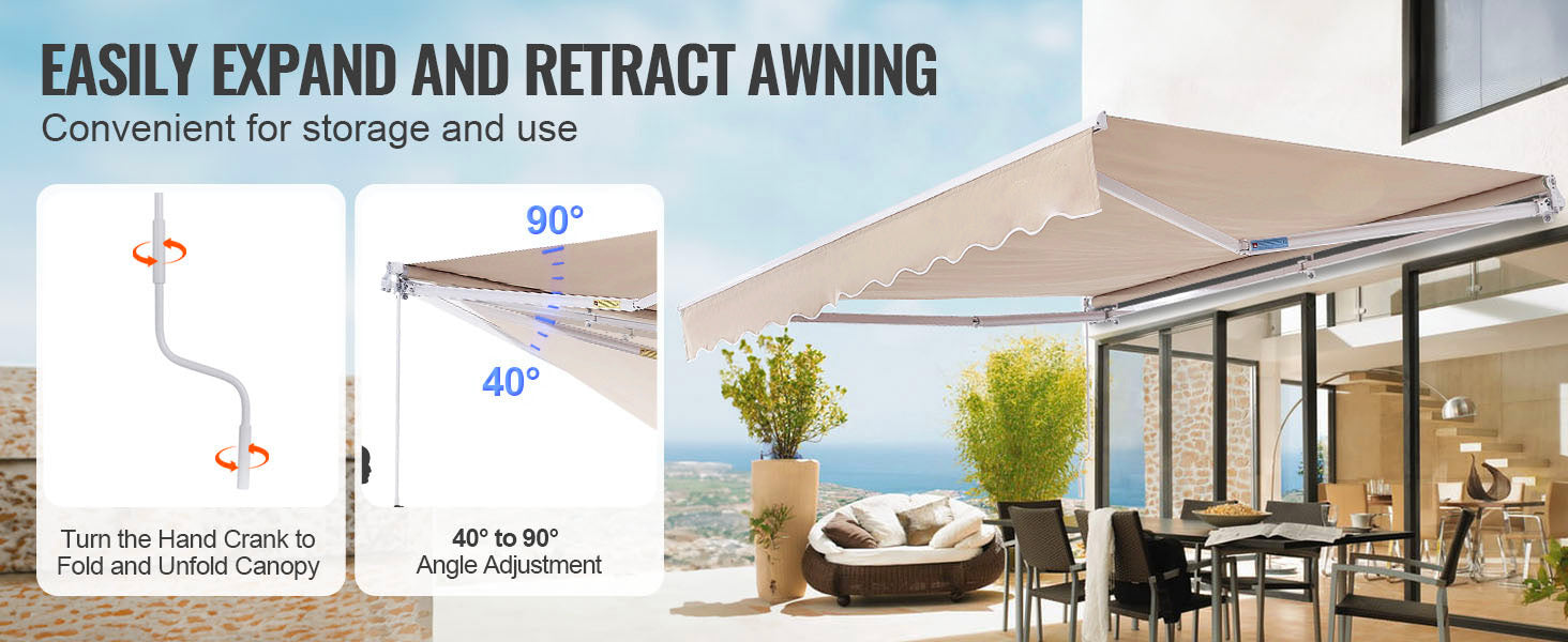SucceBuy Manual Retractable Awning Outdoor Awning Retractable Sun Shade Water-Resistant Polyester Patio Door Window for Backyard