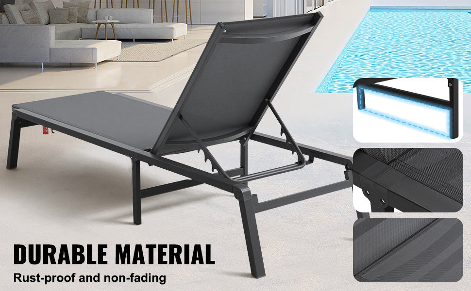 SucceBuy Garten-Liegesessel aus Aluminium, Outdoor-Patio-Liegesessel, klappbar, Pool-Liegesessel, voll flach, für Terrasse, Strand, Pool, Dunkelgrau