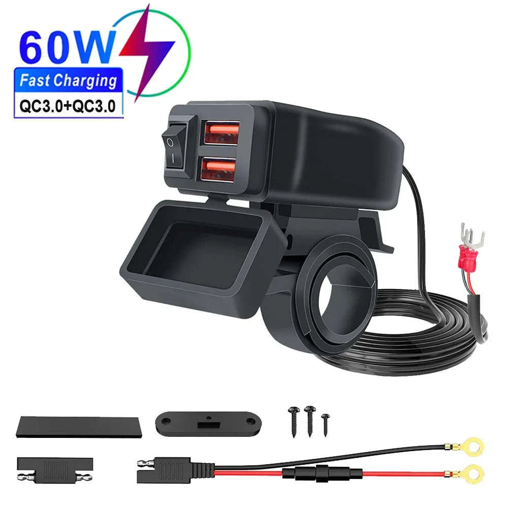 PD+QC3.0 Motorcycle USB Fast Charger with Dual Ports and Voltmeter-PD Voltmeter