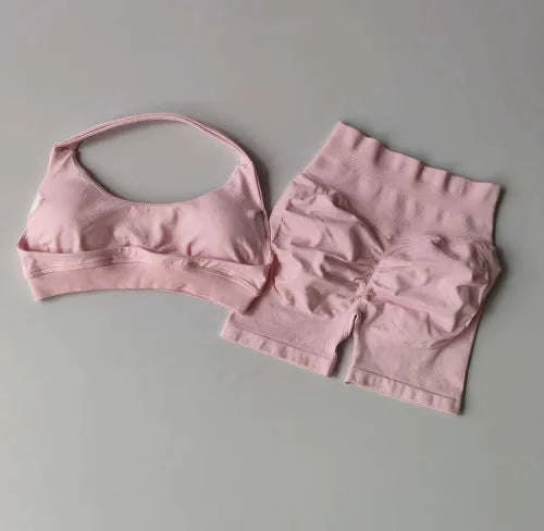 Peach Sports Bra & Shorts Set-LightPink / S