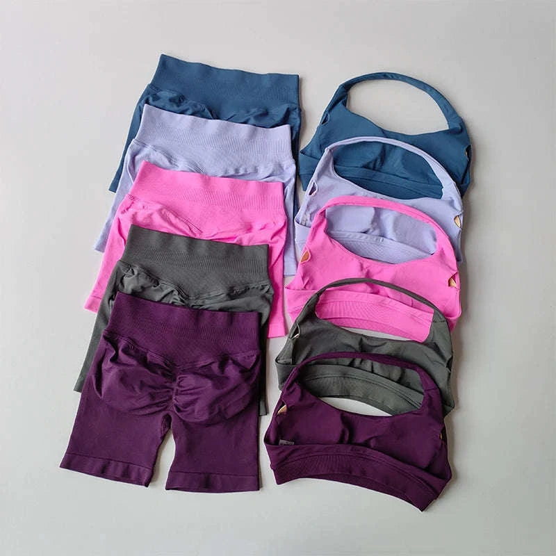 Peach Sports Bra & Shorts Set-LightPink / S
