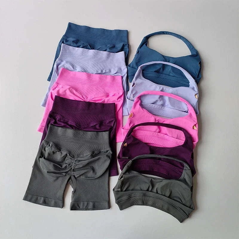 Peach Sports Bra & Shorts Set-LightPink / S