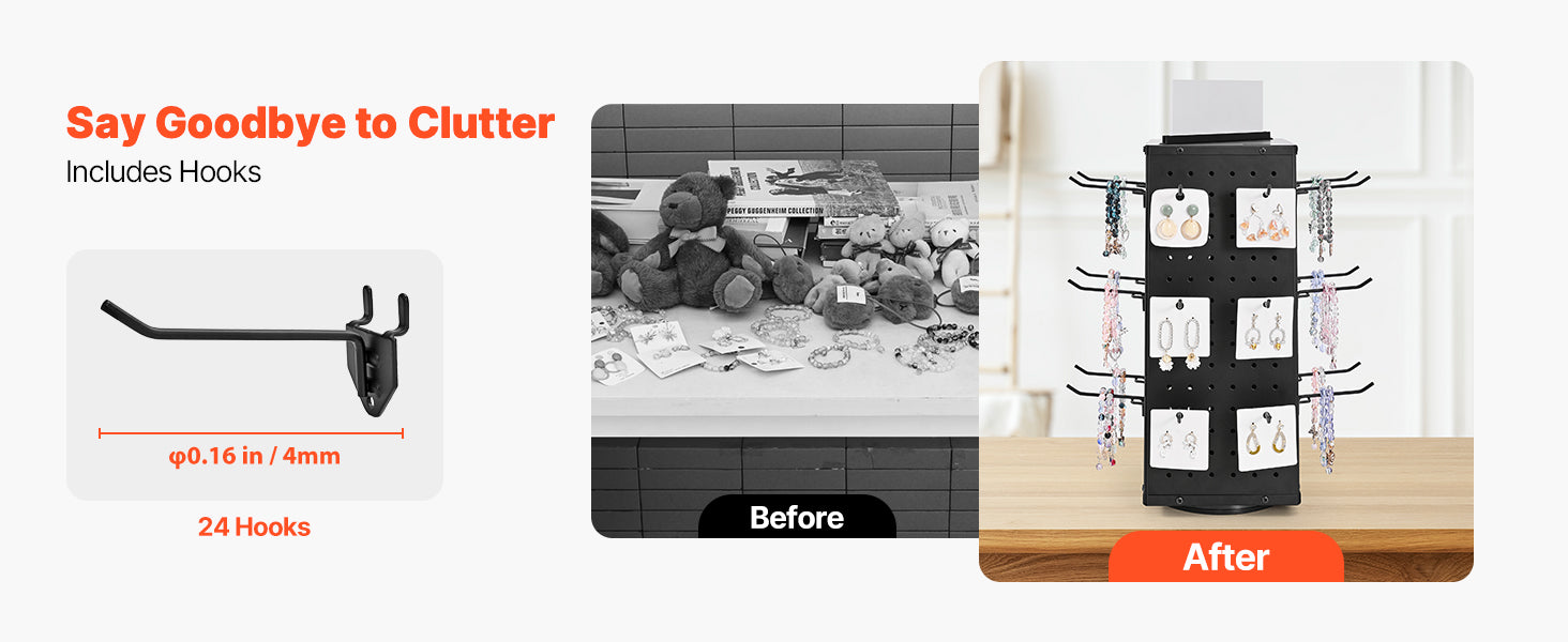 Support ROTATEUR SucceBuy - Panneau d’affichage rotatif à 4 côtés avec sélecteur en pegboard, présentoir à socles rotatifs avec 24 crochets pour magasin de bijoux et boutique de vente au détail