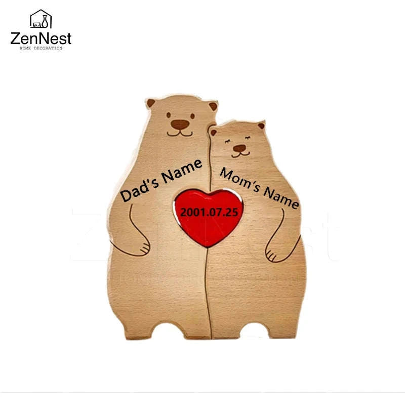 Personalized Wooden Bear Family Puzzle Custom Name Home Decor Gift-2 members / Customized