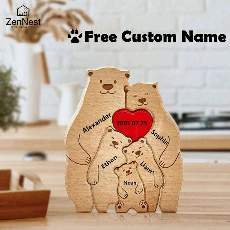 Personalized Wooden Bear Family Puzzle Custom Name Home Decor Gift-2 members / Customized