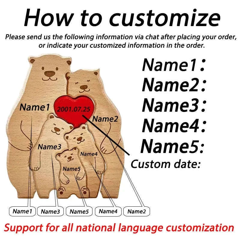 Personalized Wooden Bear Family Puzzle Custom Name Home Decor Gift-2 members / Customized