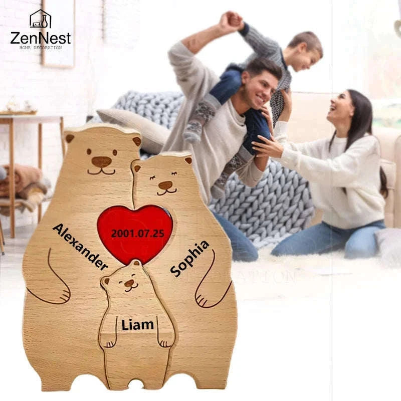 Personalized Wooden Bear Family Puzzle Custom Name Home Decor Gift-2 members / Customized