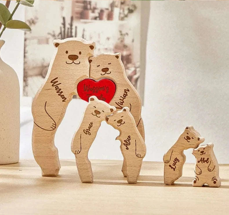 Personalized Wooden Bear Family Puzzle Custom Name Home Decor Gift-2 members / Customized