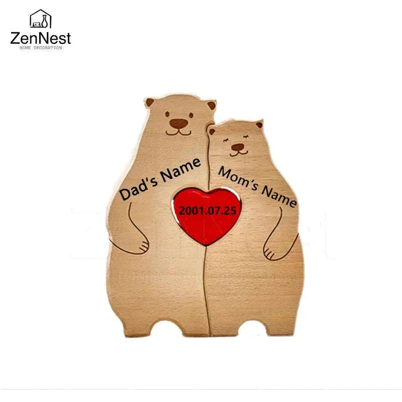 Personalized Wooden Bear Family Puzzle Custom Name Home Decor Gift-2 members / Customized
