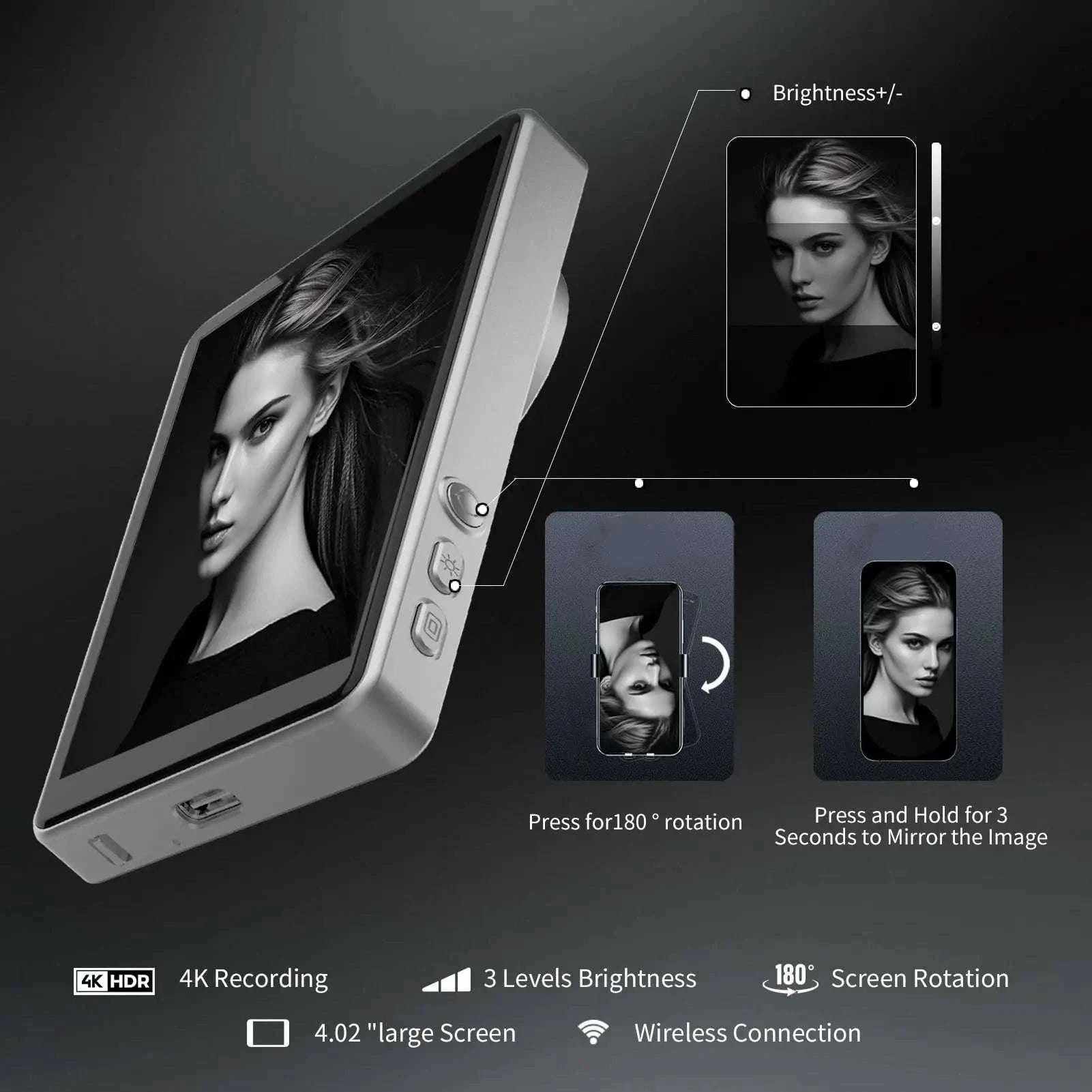 Phone Vlog Selfie Monitor Screen with Magnetic Mount & Remote-Grey
