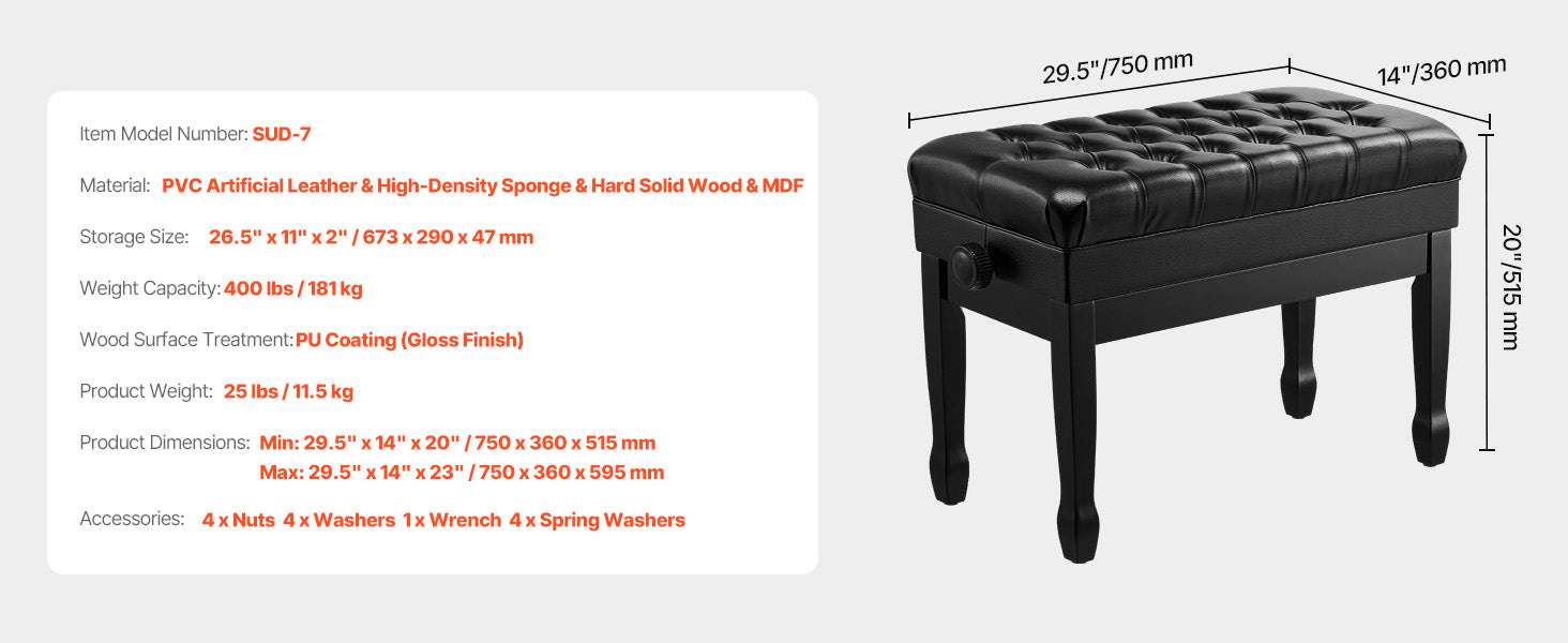 Piano Bench with Storage Cushion Seat Adjustable or Duet Options-Type A Unadjustable / United States