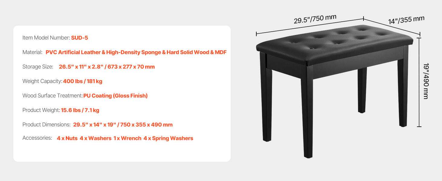 Piano Bench with Storage Cushion Seat Adjustable or Duet Options-Type A Unadjustable / United States