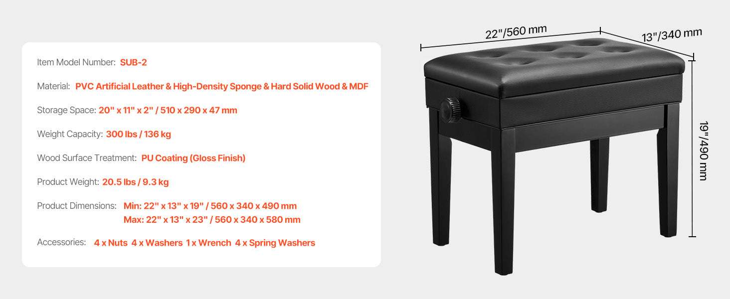 Piano Bench with Storage Cushion Seat Adjustable or Duet Options-Type A Unadjustable / United States