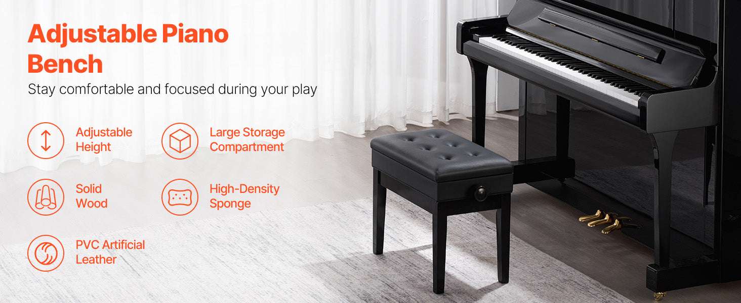 Piano Bench with Storage Cushion Seat Adjustable or Duet Options-Type A Unadjustable / United States