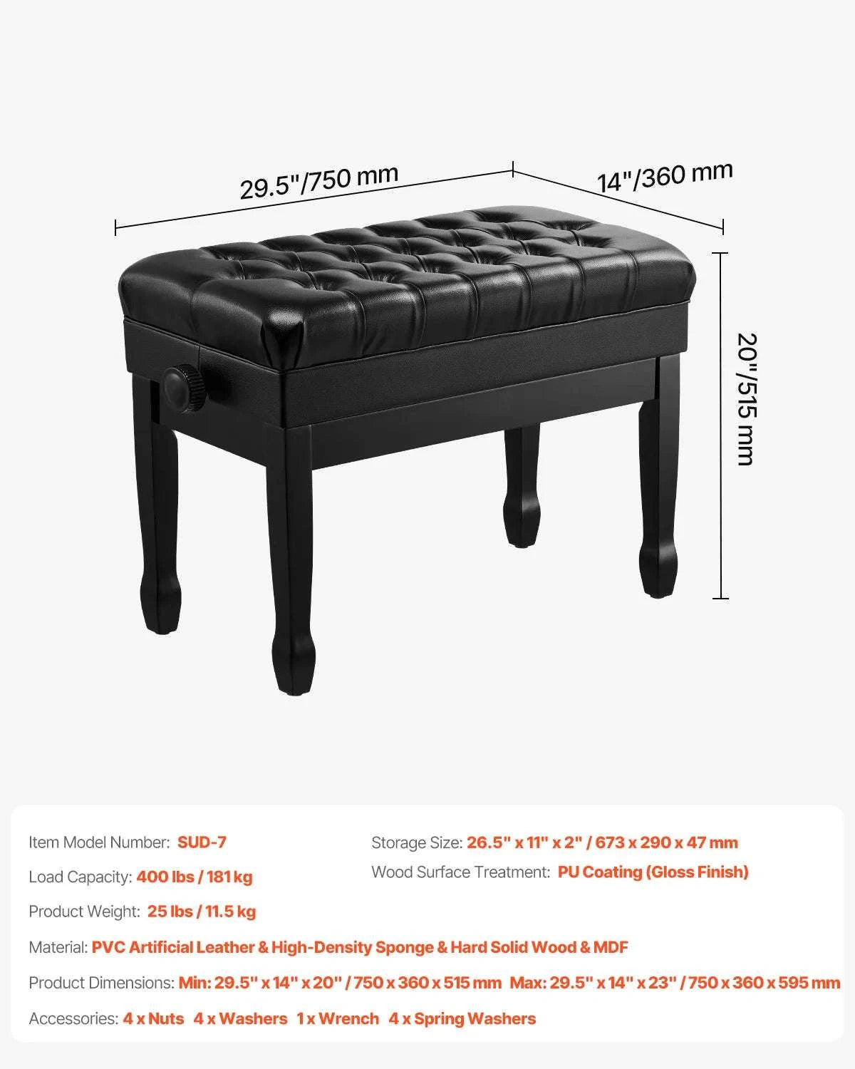 Piano Bench with Storage Cushion Seat Adjustable or Duet Options-Type A Unadjustable / United States