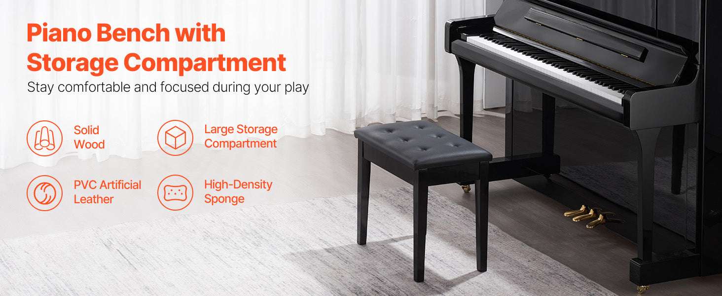 Piano Bench with Storage Cushion Seat Adjustable or Duet Options-Type A Unadjustable / United States