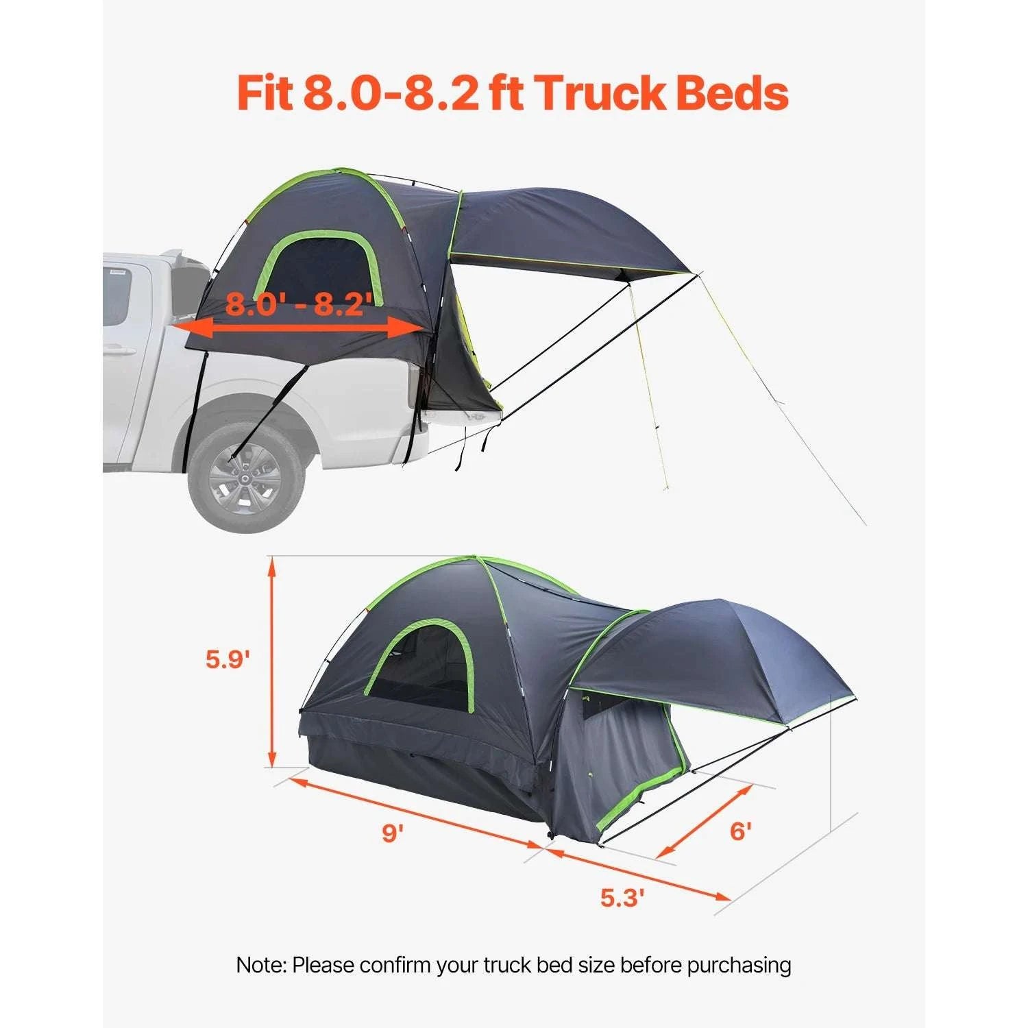 Pickup Truck Bed Tent with Awning – Waterproof 2–3 Person Camper-8.0-8.2ft / United States