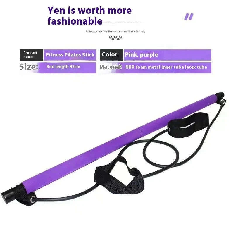 Pilates Stick with Resistance Bands for Full-Body Home Workout-blue