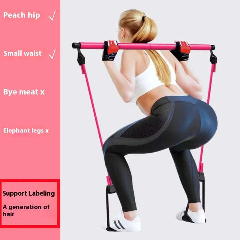 Pilates Stick with Resistance Bands for Full-Body Home Workout-blue