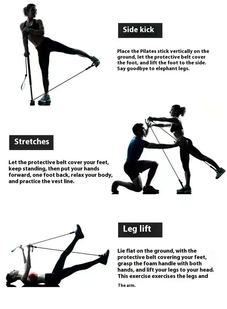 Pilates Stick with Resistance Bands for Full-Body Home Workout-blue