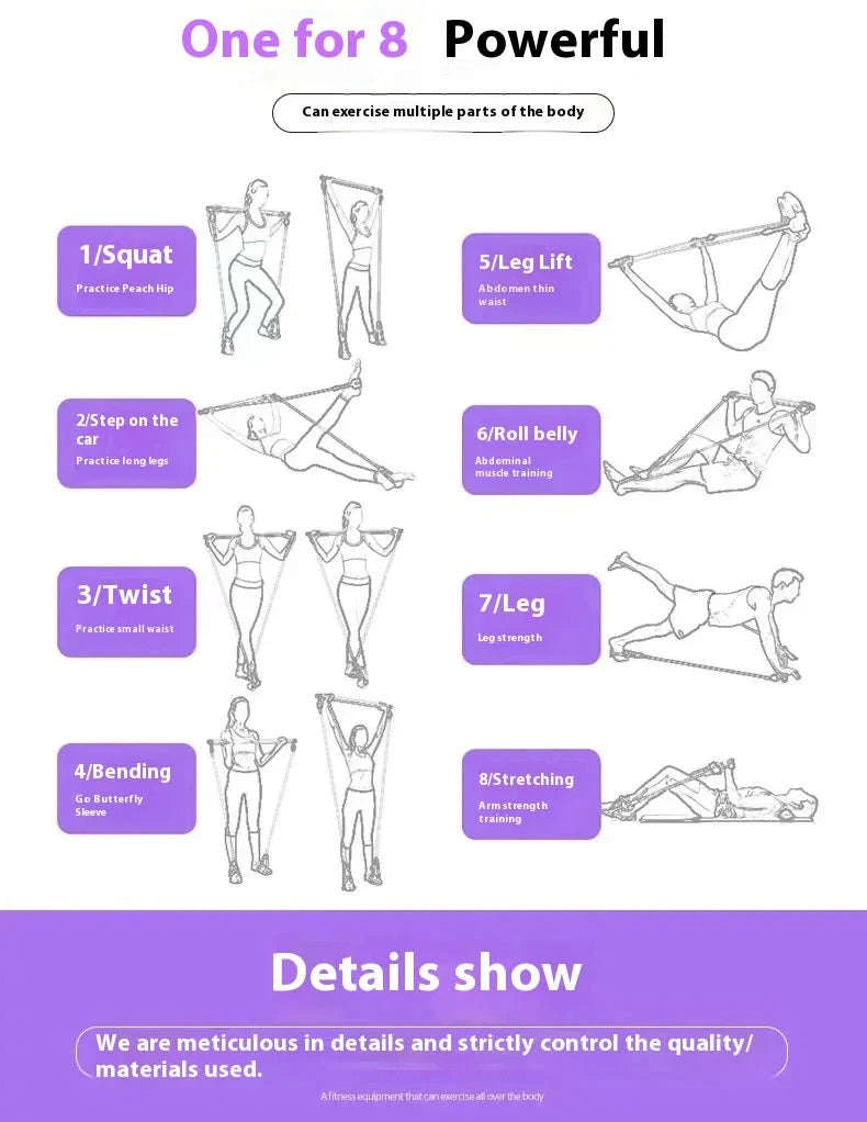 Pilates Stick with Resistance Bands for Full-Body Home Workout-blue