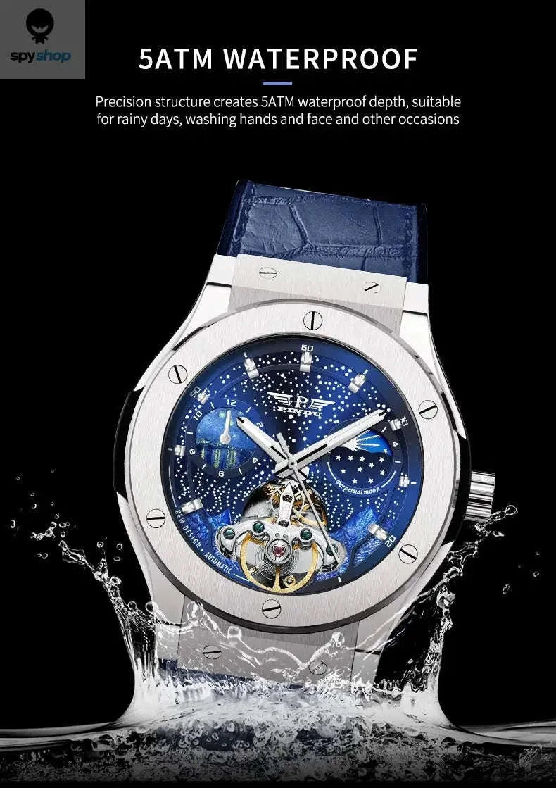 PINDU Luxury Men's Automatic Watch – Automatic Movement, Moon Phase, 5Bar Water Resistance-black