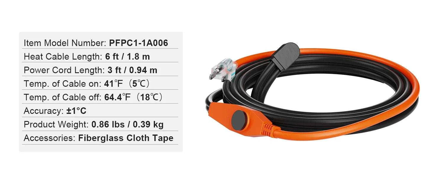 Pipe Heating Cable Heat Tape for Freeze Protection (6FT–30FT)-30FT / United States