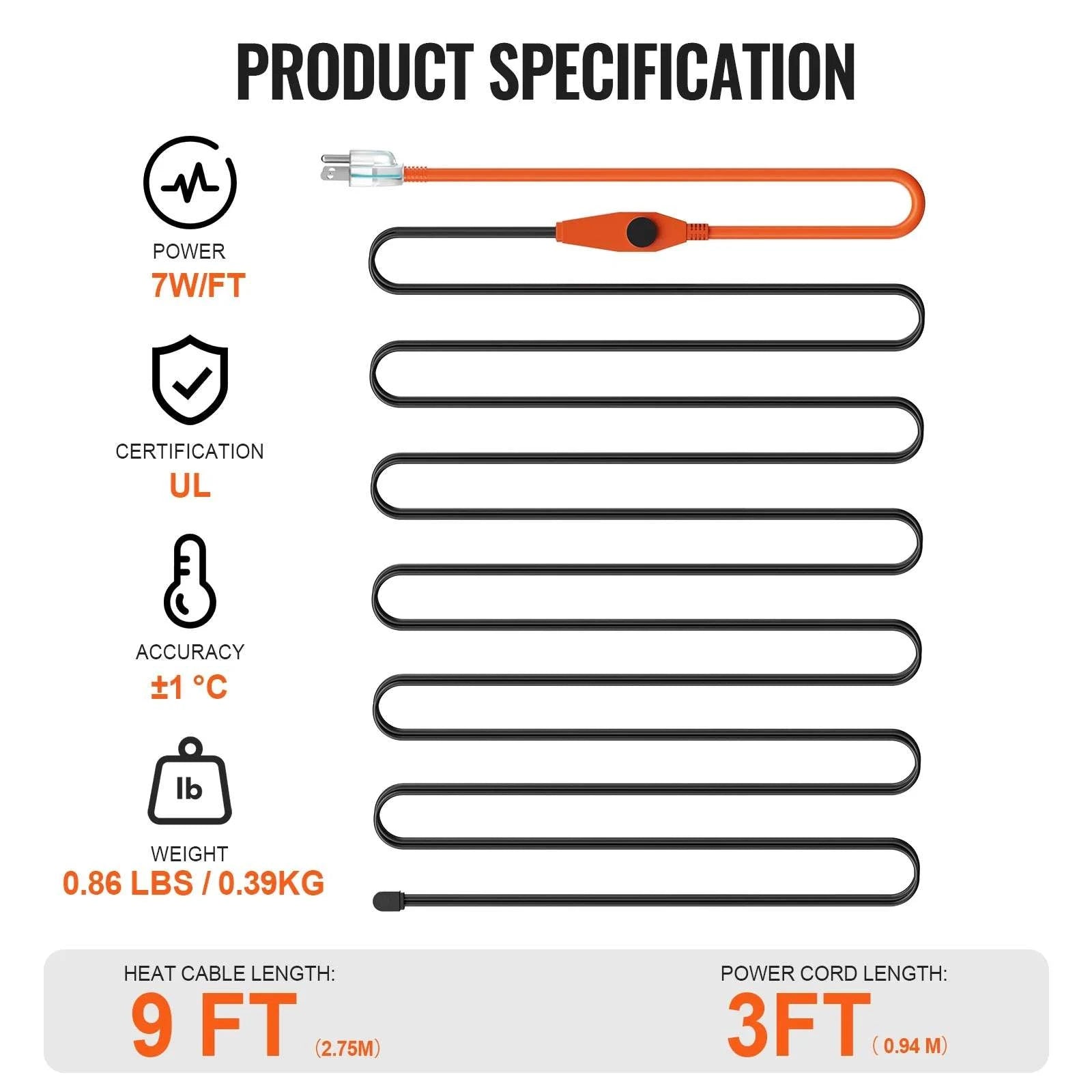 Pipe Heating Cable Heat Tape for Freeze Protection (6FT–30FT)-30FT / United States