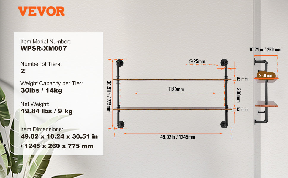 Industrial Pipe Wall Mount Floating Shelf Rack